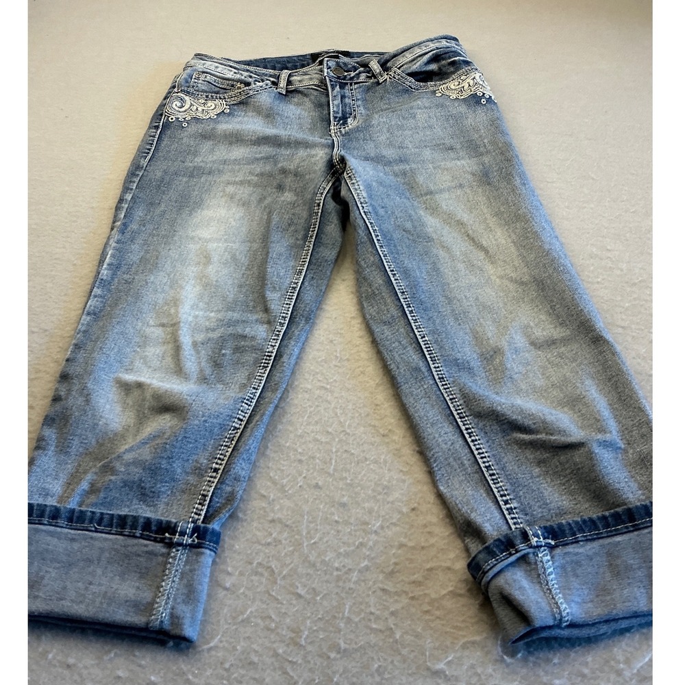 Earl Jean Y2K Cropped Denim Pants Embroidered Sequin Cuffed Capris Blue Womens